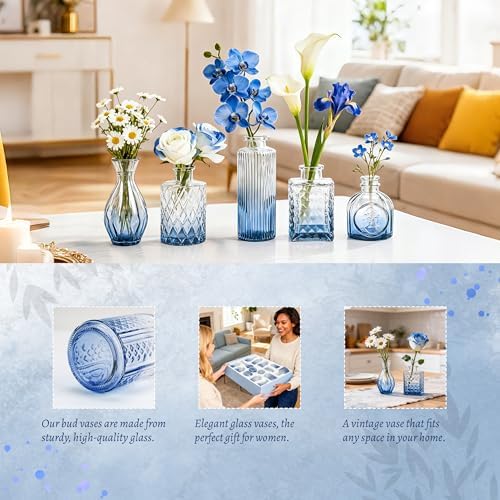 Der Rose 30pcs Glass Bud Vases, Blue Vases for Wedding Home Decorations
