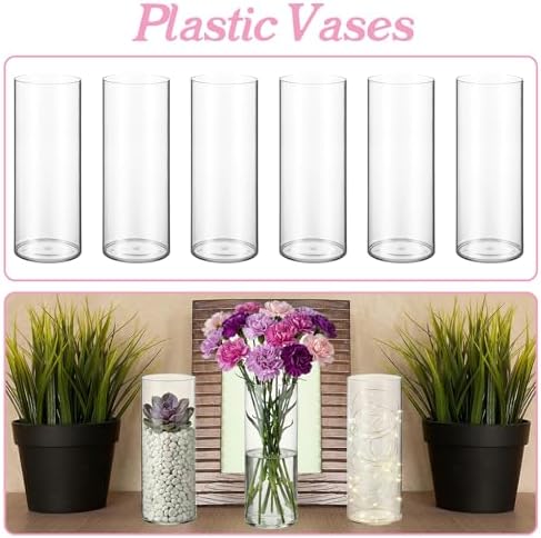 6 Pcs 12 Inch Plastic Cylinder Vase Set - Crystal Clear Acrylic Flower Vase for Wedding Centerpieces, Home Decor, Party Table Arrangements with Shatter-Resistant Design