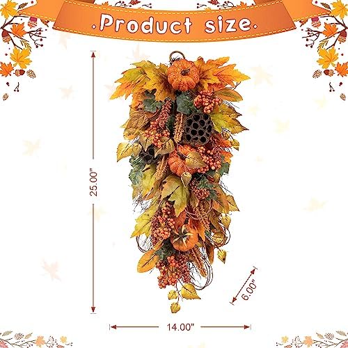 Glitzhome 2Pcs Fall Pumpkin Leaf Swag with Grapevine Base, Faux Berries and Lotus Pod Ornament, 25" H Autumn Maple Leaves Swag for Fall Wall Decor