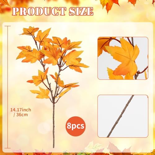IPOPU 8PCS Artificial Maple Leaves Branches 14’’Fake Silk Fall Maple Shrubs Yellow Faux Fall Leaves Stem for Fall Decorations for Home Thanksgiving Table Centerpiece Fireplace Halloween Décor (Yellow)