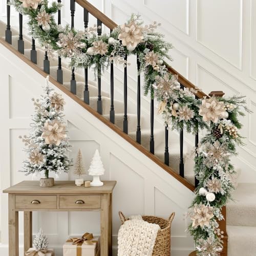 N&T NIETING 24 Pcs Christmas Poinsettia Artificial Flowers & Glitter Berries Stems Kit Christmas Floral Picks Christmas Tree Garland Wreath Filler Ornaments for Home Party Xmas Decor, Champagne Gold
