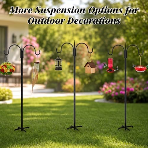 FEED GARDEN Small Shepherds Hook 63" Double Hooks Adjustable (47/63") - Alloy Steel 5-Prong Base, 12lb Capacity - Easy Assembly Bird Feeder Pole for Hanging Planters, Lanterns, Wind Chimes