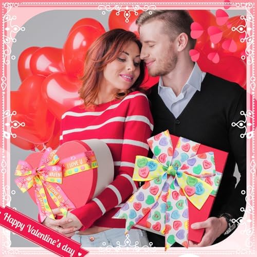 6 Rolls 30 Yards Valentine's Day Ribbons Conversation Heart Wired Wrapping Crafts Valentine Edge Ribbon Wreath Decorations for Gift Wrap DIY Crafts Wedding Birthday Party Decoration
