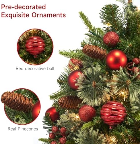 HiBean 2 Pack Outdoor Christmas Tree Urn Filler Small, 30 Inch Pre-lit Artificial Xmas Tree w/ 50 LED Lights and Realistic Carolina Pine for Pathway, Porch, Driveway, Yard (Red)