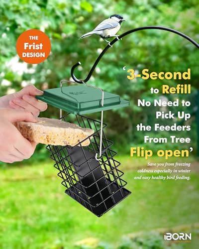 iBorn Double Suet Feeder- Metal Roof Bird Feeder with Taller Grid for Woodpeckers, Suet Cake Cage Bird Feeder for Outdoors Hanging,Easy-Clean & Refill,Green (2 Pack)