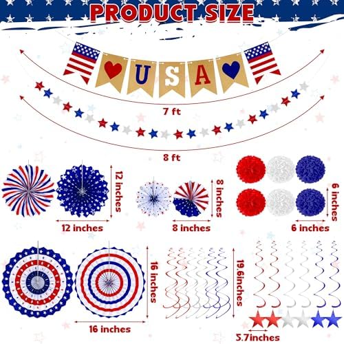 26 PCS 4th of July Decorations, 250th Memorial Day Red White Blue Paper Fans Decorations, 4th of July Banner Pompom Garland and Hanging Swirls Set for Fourth of July Independence Day Decor