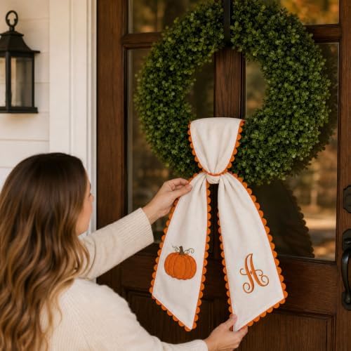 Halloween Pumpkin Wreath Sash Fall Front Door Orange Bow Decor Soft Cotton Feel Fabric Raised Embroidery Scalloped Trim Seasonal Accent Initials (B)