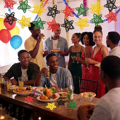 Lucleag 20Pcs Black Red Green Yellow Natural Rattan Star Ornament Vase Filler, African American Wicker Hanging Decor for Black History Month Juneteenth Kwanzaa Tree Home Table Decor Party Supplies