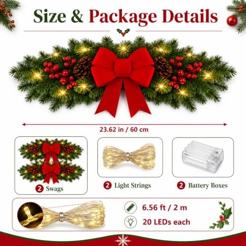 Yalikop 2 Pcs 24.5 Inch Christmas Swags with Light, Red Bow and Berry