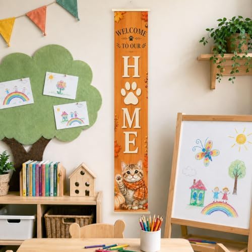 Fall Cat Welcome to Our Home Porch Door Banner Wall Decorations 8x47