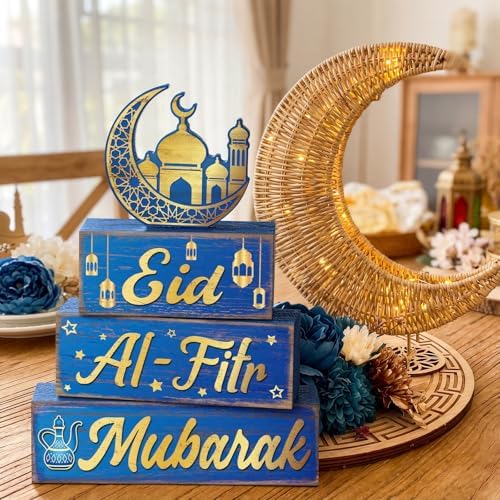 Yousoontic 4 Pcs Eid Mubarak Wooden Table Decor, Ramadan Mubarak Tiered Blocks Islamic Muslim Tabletop Decorations, Moon and Lantern Design, Blue and Gold Eid Table Centerpiece for Home Office