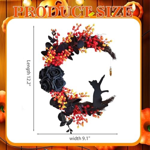 Orange Halloween Wreath with Lights, Crescent Moon Cat Door Wreath
