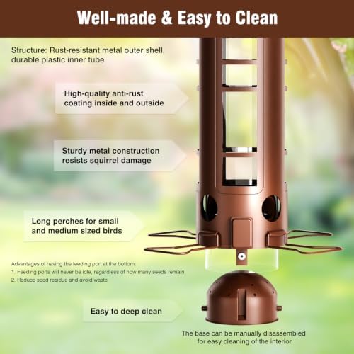 Squirrel Proof Bird Feeder for Outdoors, 360° Weight-Sensitive Activation, Removable Base for Easy Cleaning, 3 Lbs Capacity, 4 Feeding Ports, Tube Metal Bird Feeder for Cardinals, Finches
