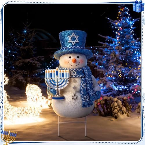 Hotop 20.47 Inch Metal Hanukkah Snowman Yard Signs with Stakes Chanukah Outdoor Holiday Lawn Decorations Hanukkah Garden Stakes for Jewish Holiday Garden Yard Patio Party Supplies