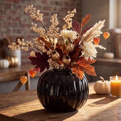 FoldTier Black Pumpkin Fall Flower Vase 5.5" Ceramic Pumpkin Flower Pot