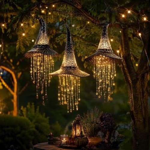 Lighted Witch Hat Hanging Chime, Spooky Witch Hat Lamp with Cascading Stars