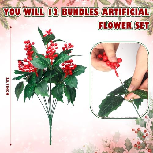 Ceenna 12 Pcs Christmas Artificial Poinsettia Flowers, Berry Stems, Holly