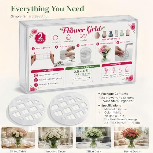 Flower Grid Silicone Vase Stem Organizer, 2 Pack, 3.2 Inch, for Medium Vase