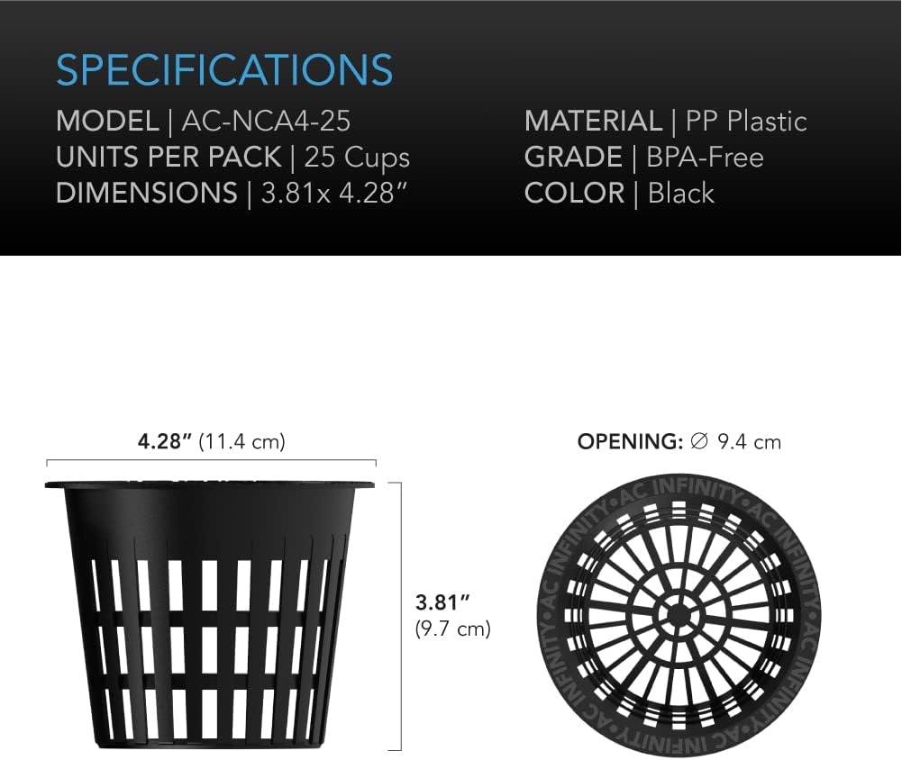 AC Infinity Net Cups 10cm Heavy Duty Garden Slotted Net Pots with Wide Lip | Wide Lip Rims, 25-Pack Black Bucket Basket