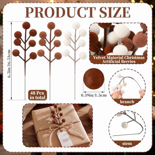 48 Pcs Brown Beige 6.5 Inch Christmas Holly Berry Stems