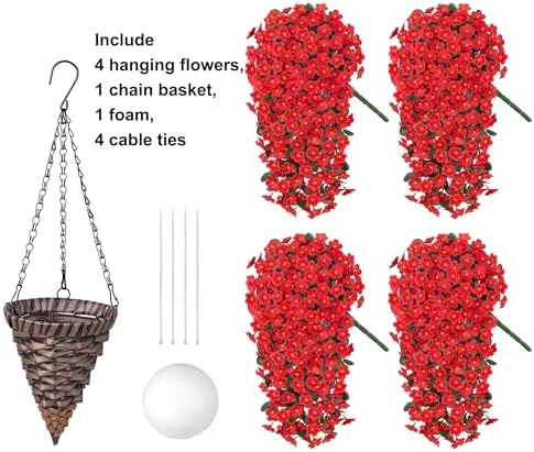 Artificial Hanging Flowers with Baskets for Decor, Fake Silk Red Hanging Daisy Orchid Flowers Plants, Faux Flower Centerpieces for Home Indoor Outdoor Garden Patio