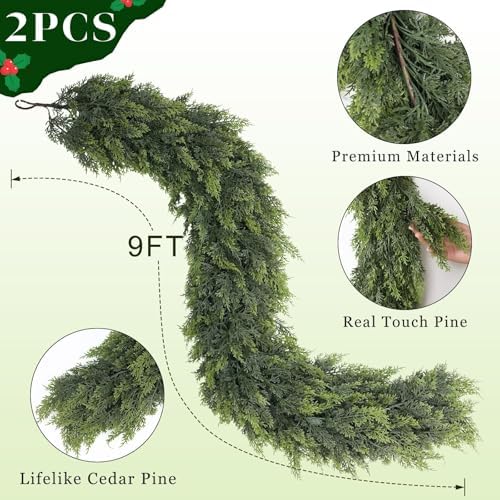 2Pcs 9FT Lifelike Touch Artificial Cedar Garland for Christmas Home Decor