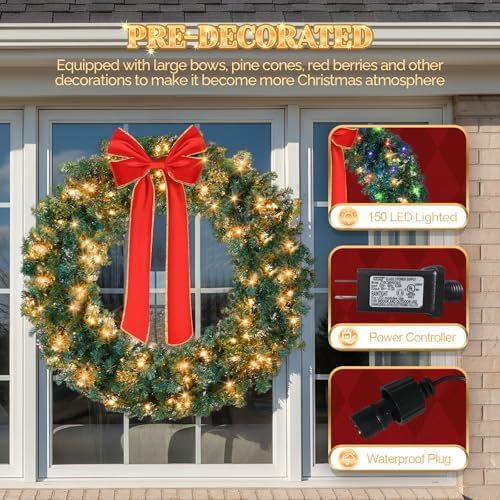 VINGLI 48 Inch Christmas Wreath Dual Color Fence, Party Decor, Plug-in LED