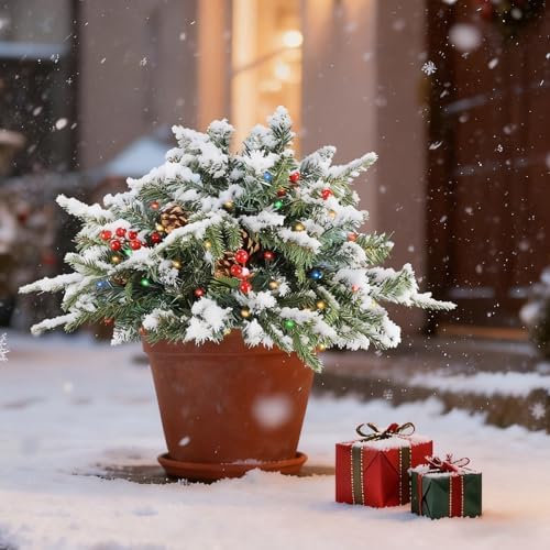 2 Pack Christmas Tree Urn Filler, Lighted Artificial Xmas Pine Trees with Tripod Stake, Light Up 8 Modes & Timer, Battery Powered Outdoor Planter Filler Festival Holiday Home Decor