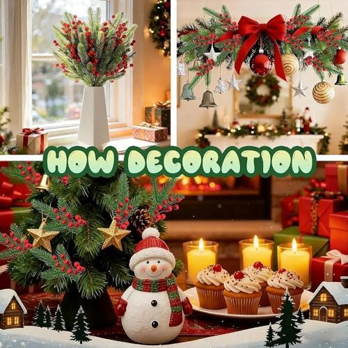 40 PCS Artificial Pine Branches Fake Greenery Picks Red Berry Stems Evergreen Fake Plant Holly Decoration for DIY Christmas Tree Xmas Embellishing Flower Arrangements Decoration Home Decor
