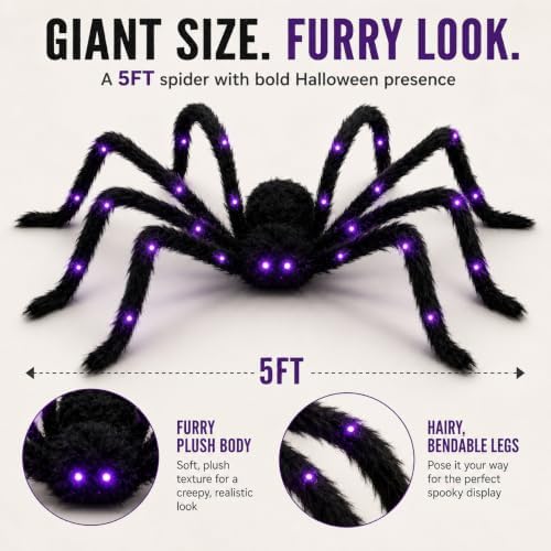 5 FT Light Up Giant Spider,Sound-Activated Halloween Decorations Outdoor
