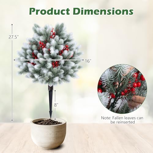 Goplus Artificial Cedar Topiary Ball Trees Set of 2, 27.5" Faux Pine Needle Bushes with Ground Spikes, Sun-Resistant Indoor Outdoor Fake Shrub Plants for Front Porch, Patio, Yard Winter Decor