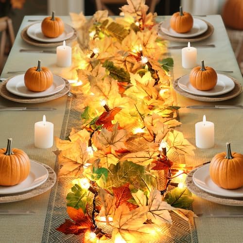 Fall Decorations Lighted Fall Garland, 9FT 50 Count Incandescent Lights Brown Wire UL Certified Connectable Maple Leaves String Lights for Home Fireplace Mantle Thanksgiving Decor