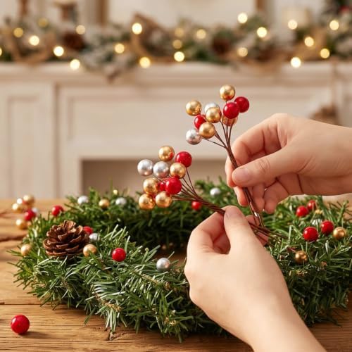 JULBEAR 300 Pcs Gold Artificial Holly Berries on Wire Stems for Crafts
