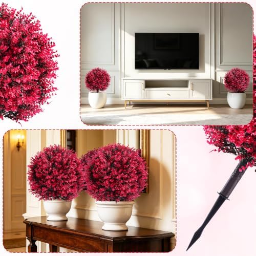 27.6 Inch Red Eucalyptus Topiary Ball Trees, 2 Sets Faux Boxwood Topiary with Spikes, Pot Filler Fake Shrubs Plants for Outdoor Planters, Round Topiary Bush Balls Front Porch Home Garden Spring Decor