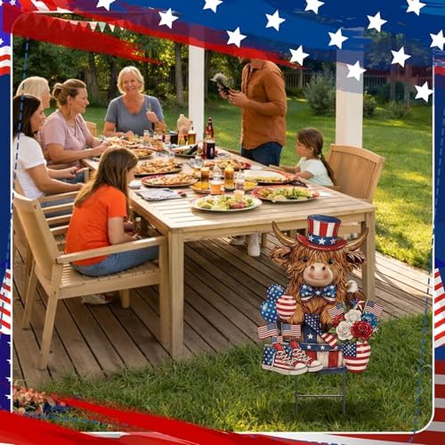 Amyhill 4th of July Highland Cow Metal Garden Stakes Patriotic American Flag Red White Blue Outdoor Yard Decorations with Stakes Independence Day Decor Sign for Home Lawn Porch Backyard Holiday Decor