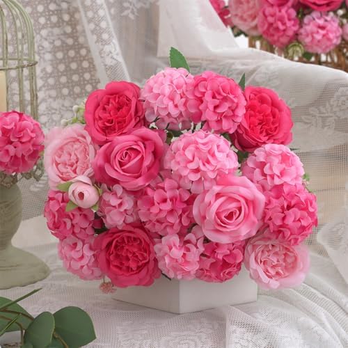4 Pcs Mixed Artificial Peony Flowers Set-2 Bouquets & 2 Stems, Small Pink Fake Peony Rose Hydrangea Flowers for Vase Silk Floral Arrangements for Table Centerpiece Home Wedding Party Bridal Decoration