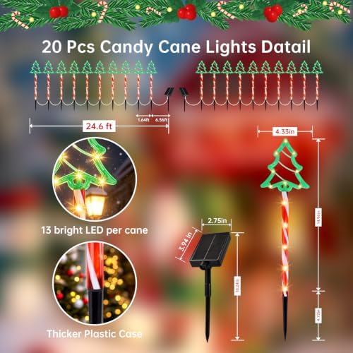 Solar Christmas Tree Pathway Lights Outdoor, 20 Pack Tree Candy Cane Lights