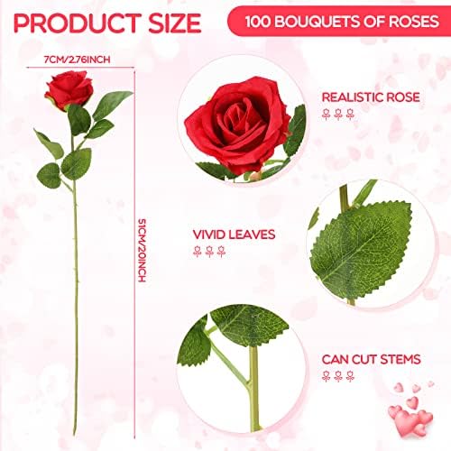 Jexine 100 Pcs Artificial Roses Flowers Bulk, Red
