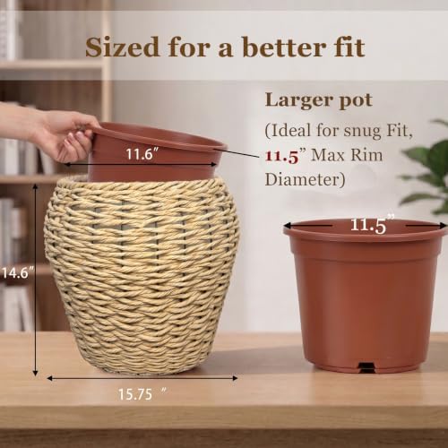 Large Handwoven Wicker Planter Basket with Metal Frame and Plastic Liner