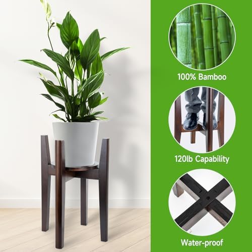 Adjustable Plant Stand with Tray,Indoor Wood Plant Stand Fit 8'' to 12'' Planter,Mid Century Modern Flower Pot Holder Rack(Plant and Pot Not Included)