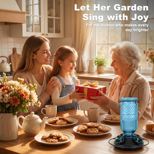 FEED GARDEN Glass Hummingbird Feeder for Outdoors Hanging, 16 OZ Humming Bird Feeders with 4 Bee Guard Feeding Ports & Built-in Ant Moat, Hummingbird Gifts for Mom Bird Feeder for Outside, Blue,2 Pack