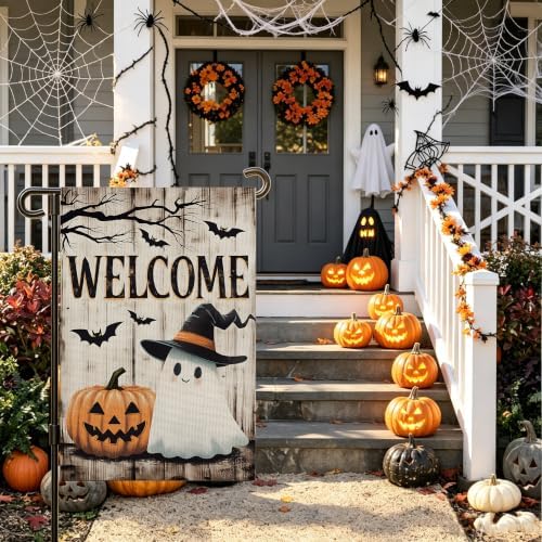 Halloween Decorations Outdoor Garden Flag 12x18 Inch for Outside Double Sided Halloween Welcome Yard Flag Ghost Pumpkin Banner for Holiday Home Decor
