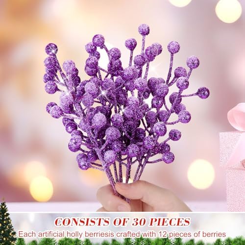 Geosar 30 Pieces Artificial Christmas Berry Picks with Snowflake Glitter Holly Berry Stems for Christmas Tree Ornaments Vases DIY Crafts Wedding Party Holiday Decor(Glitter Purple)