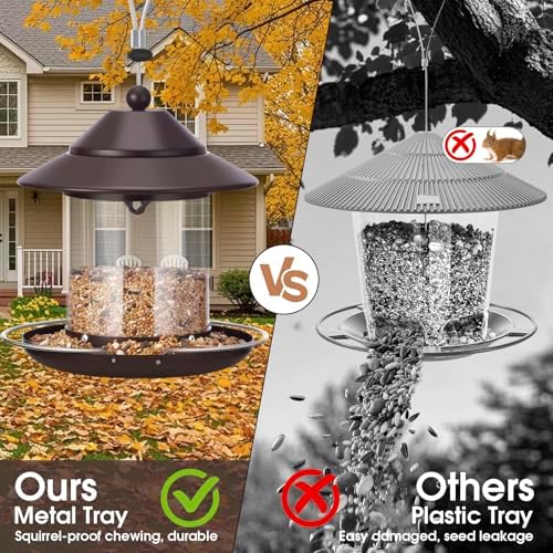 Bird Feeders for Outdoors, Hanging Small Metal Roof Bird Feeder with Clear Tube Seed Capacity for Viewing Cardinal Finch, Wild Birdfeeders for Outside Garden Yard Decoration (2lb:Brown)