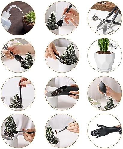 Melphoe 25Pcs Mini Garden Hand Transplanting Succulent Tools Set, 39.4" Thickened Repotting Mat & Plant Tag, Miniature Planting Indoor Fairy Care, Potting, Cactus, Houseplant Bonsai Tool Kit (Black)