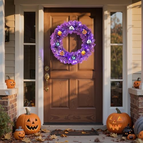 VINGLI 24" Purple Christmas Wreath with Battery LED Lights, Colorful Decor