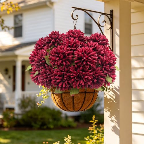 Fake Mums Flowers for Outdoors, 6 Pack 30 Heads Artificial Chrysanthemums Silk Fall Flower for Autumn Wedding Table Front Porch Halloween Diwali Cemetery Indoor Outside Decor (Burgundy)