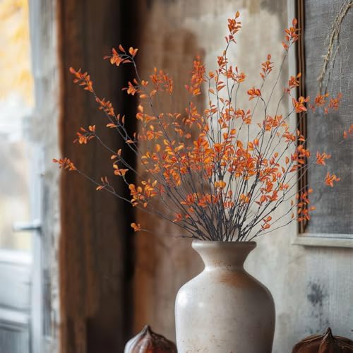 4 Pcs Artificial Greenery Stems Plants 35.4" Faux Branches for Vase Filler Fake Ficus Twig Plants Orange Leaves for Home Office Party Wedding Shop Autumn Fall Decoration