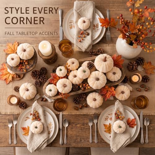 Weysat 24 Pcs Beige Velvet Pumpkins Fall Thanksgiving Decor, Assorted Size