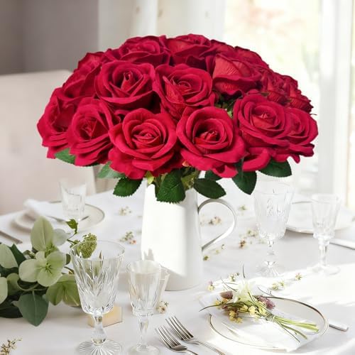 100Pcs Red Roses Artificial Flowers with Stems，Fake Roses Bouquet Fake Flowers Bulk，Silk Velvet Roses for Wedding Centerpieces Arrangement Baby Shower Birthday Home Decor Gifts